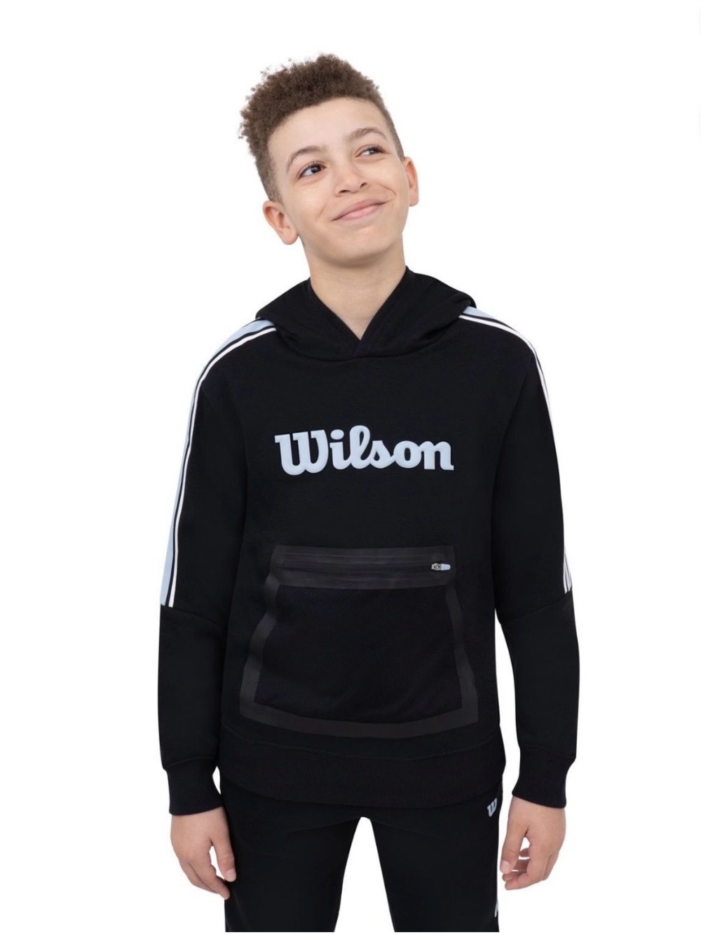 Wilson Black Hoodie with White Logo and Stripe Accents